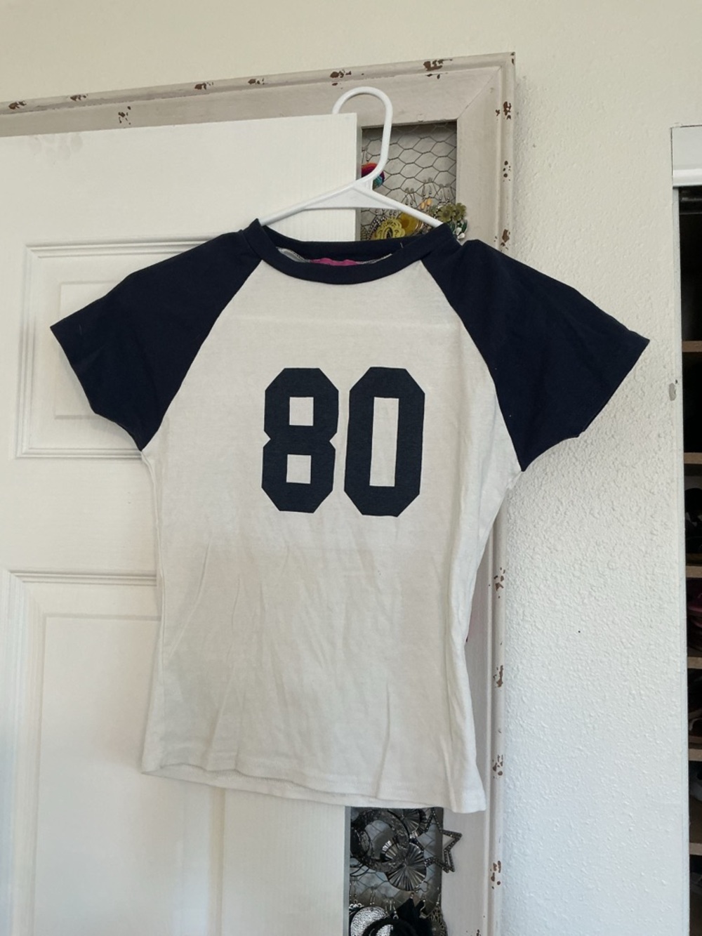 Edikted White and Navy Raglan Tee with '80' Graphic